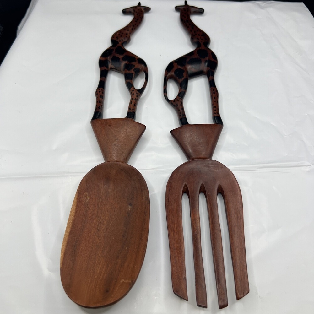 Kenya‎ Artisan Hand-Carved African Giraffe 12" Wood Fork Spoon Salad Server Set